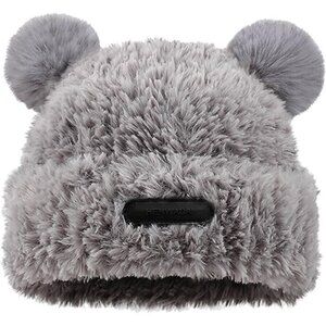 Women's Grey Furry Beanie with Pom Pom Winter Warm Knitted Hat Bear Costume
